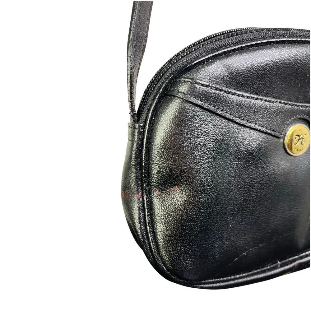 Hexagona Paris Handbag Purse  Black Oval‎ Leather Shoulder Bag Vintage Classic